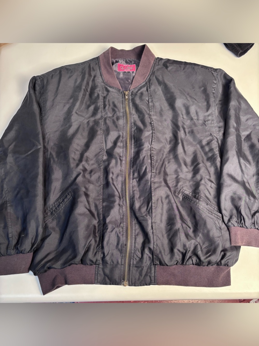 Vintage 100% Silk St. Cruz Bomber Jacket in Deep Navy